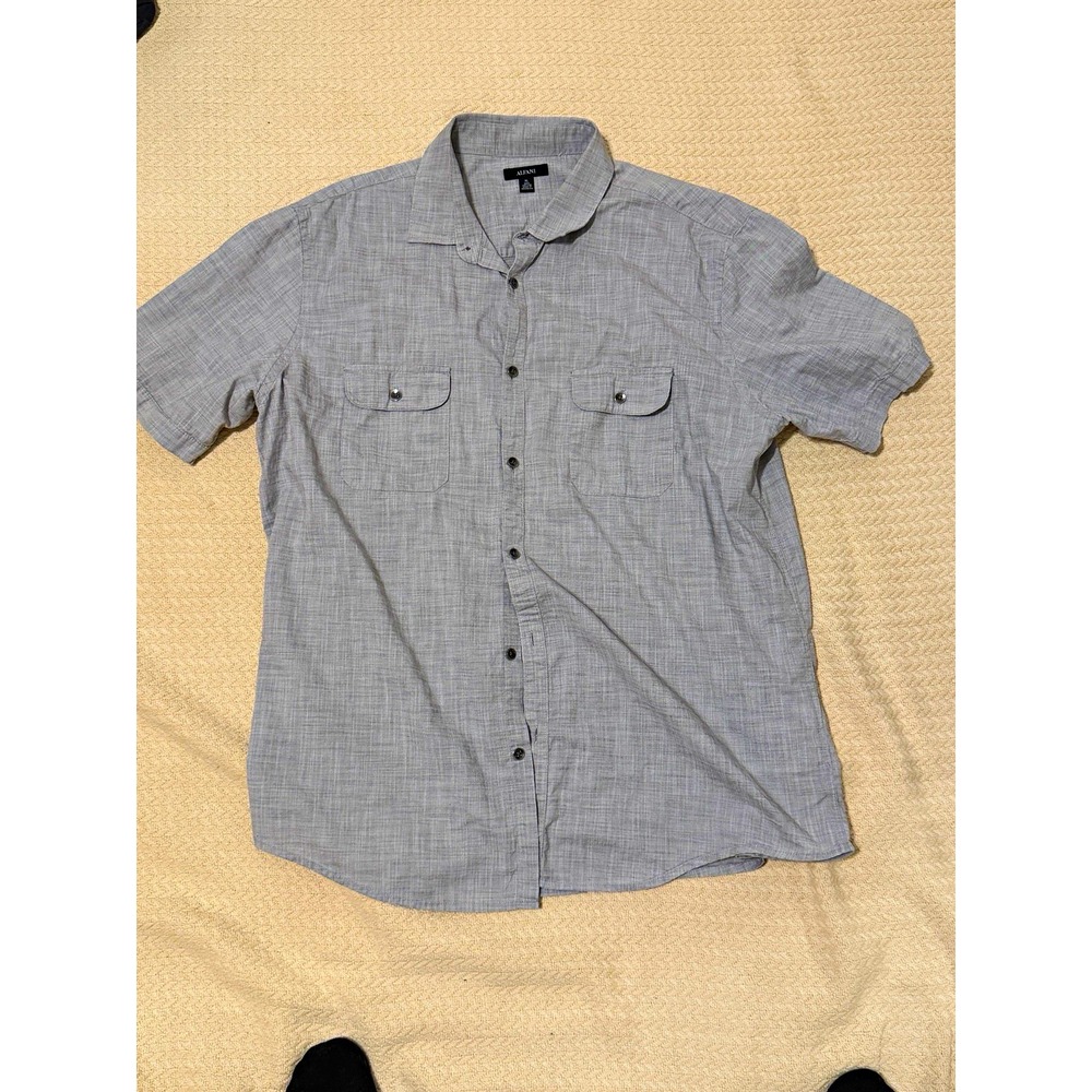 Alfani Men's XL Gray Solid Woven Short Sleeve Point Collar Button-Up Pockets